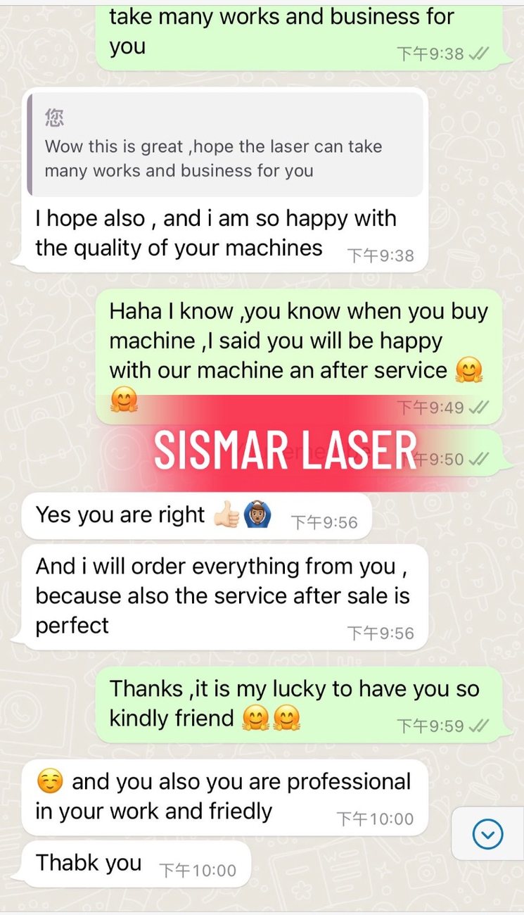 WhatsApp message praising Sismar machine quality and after-sales service