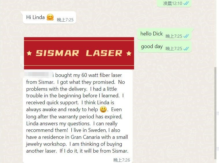 WhatsApp review from a Sweden customer about their Sismar fiber laser