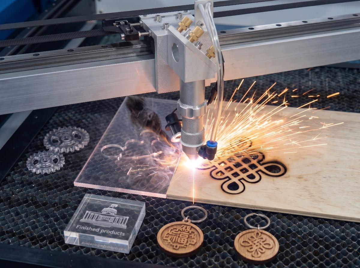 CO2 laser cut acrylic and wood samples with clean polished edges by Sismar Laser