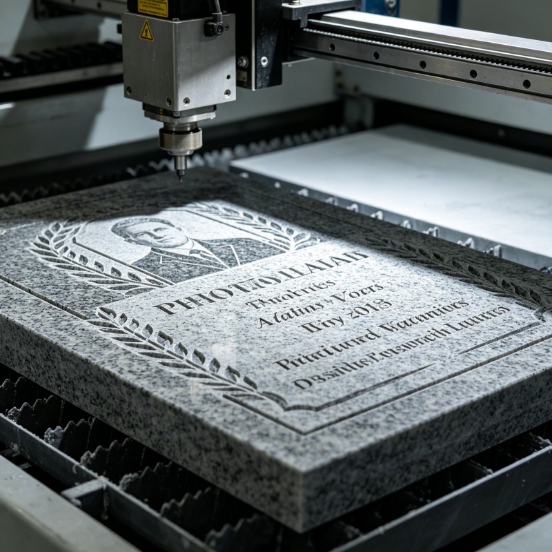 CO2 laser engraved granite stone photo for memorial and signage sample