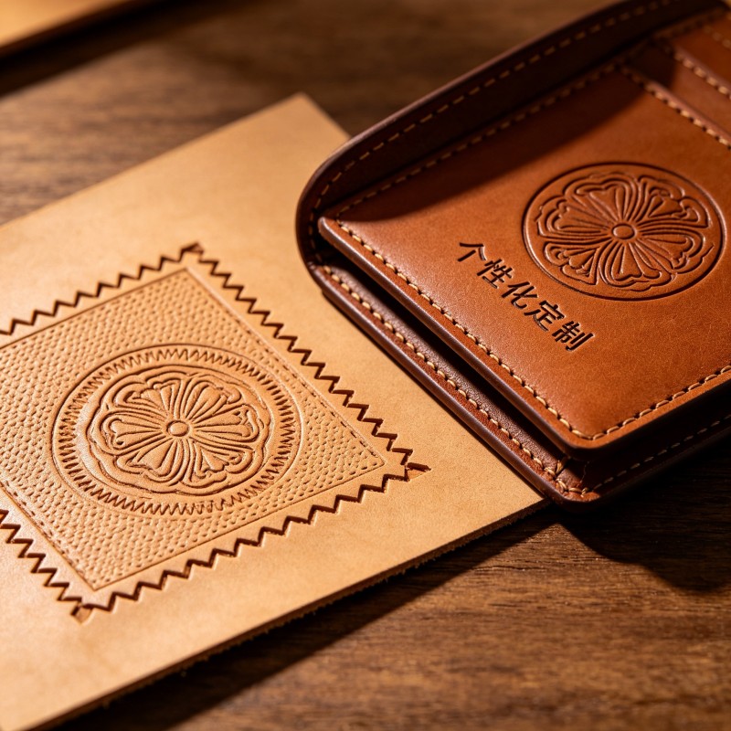 CO2 laser engraved leather with custom personalized design sample
