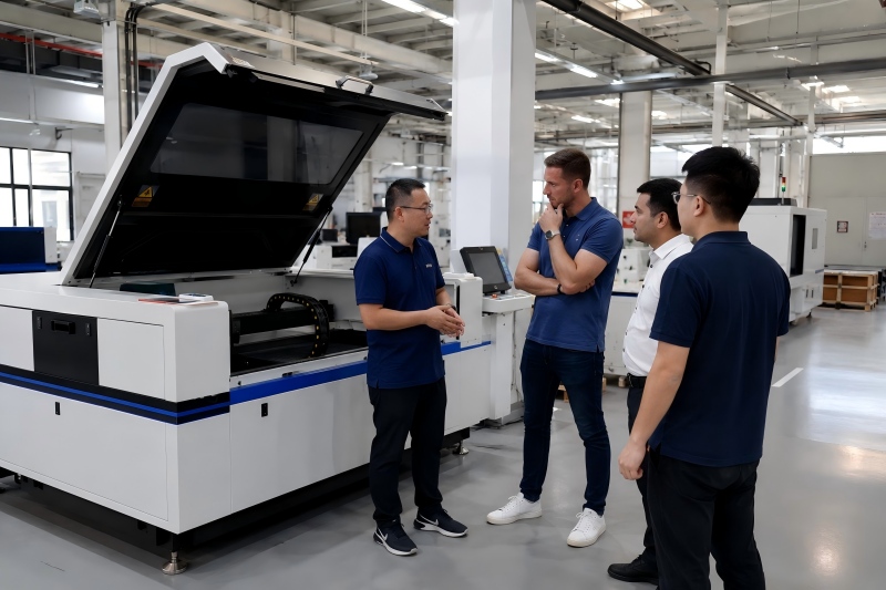 Engineer demonstrating a laser cutting machine to international buyers