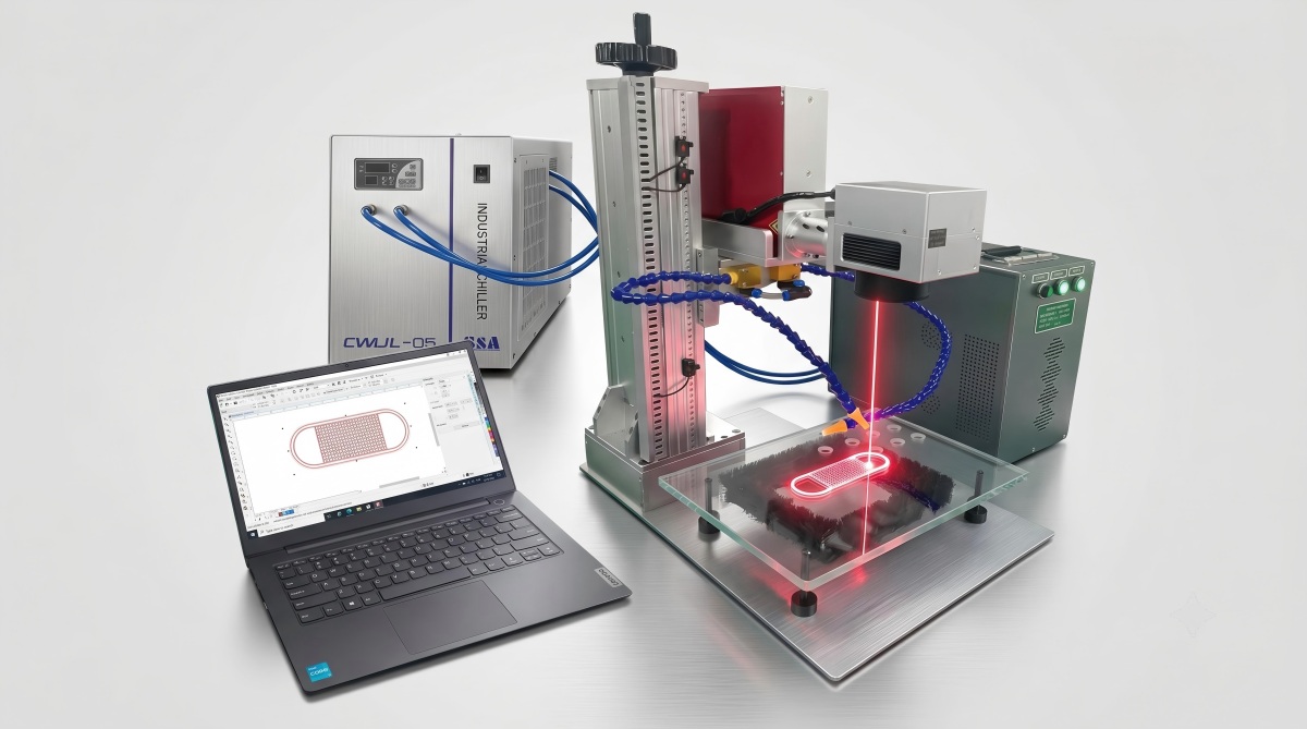 Glass laser drilling machine drilling holes in a glass panel