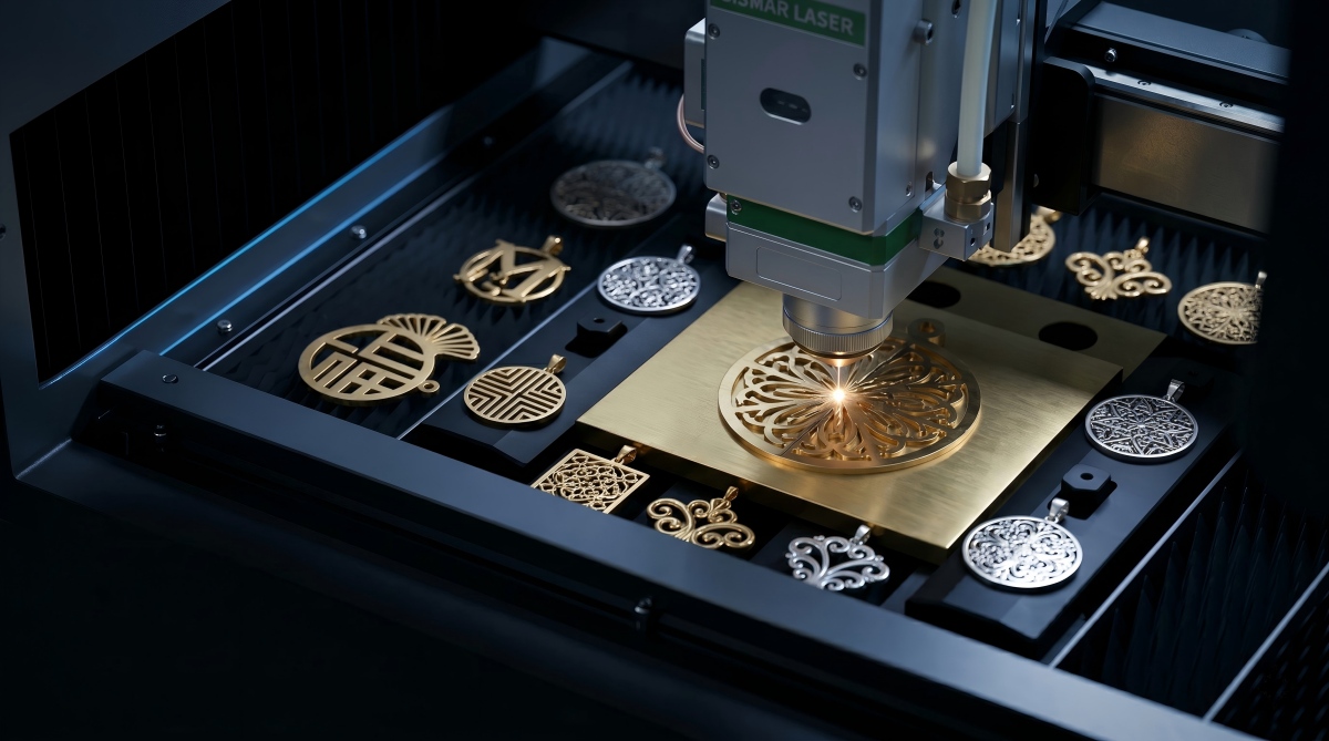 Gold and silver jewelry being laser cut on a Sismar fiber laser machine