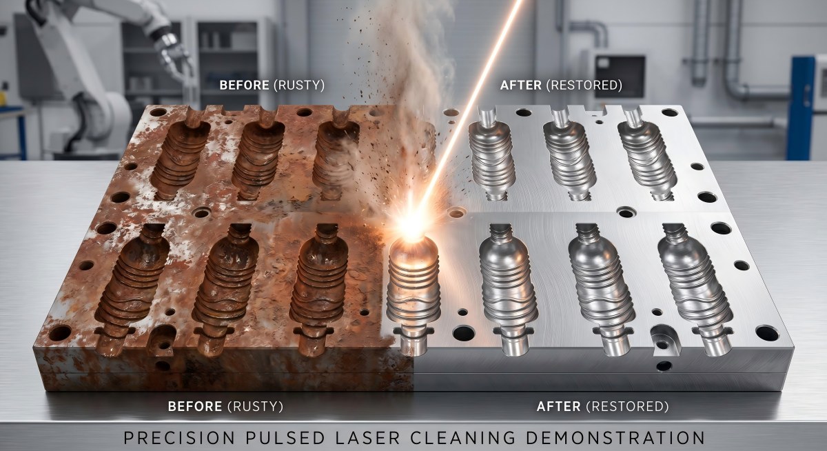 Fiber laser cleaning machine removing rust from steel surface