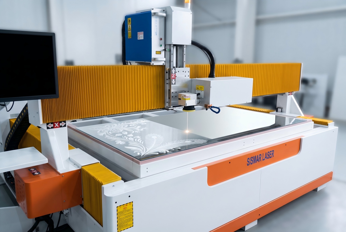 Mirror laser sandblasting machine frosting a smart LED mirror in process