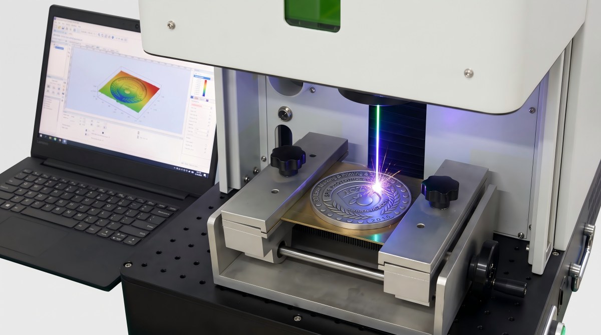 Metal relief sample being engraved on the worktable