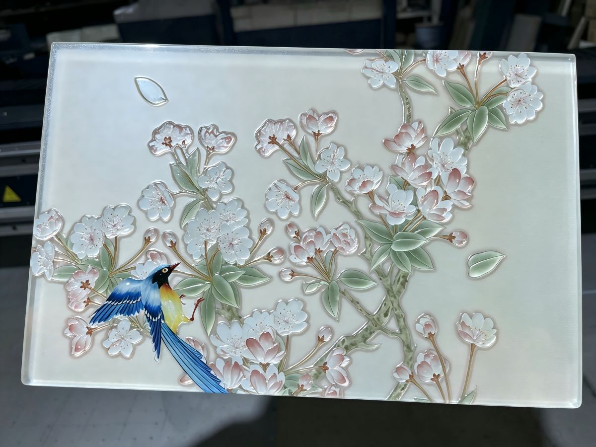 Fine-line bird and blossom UV print with raised gloss varnish on glass
