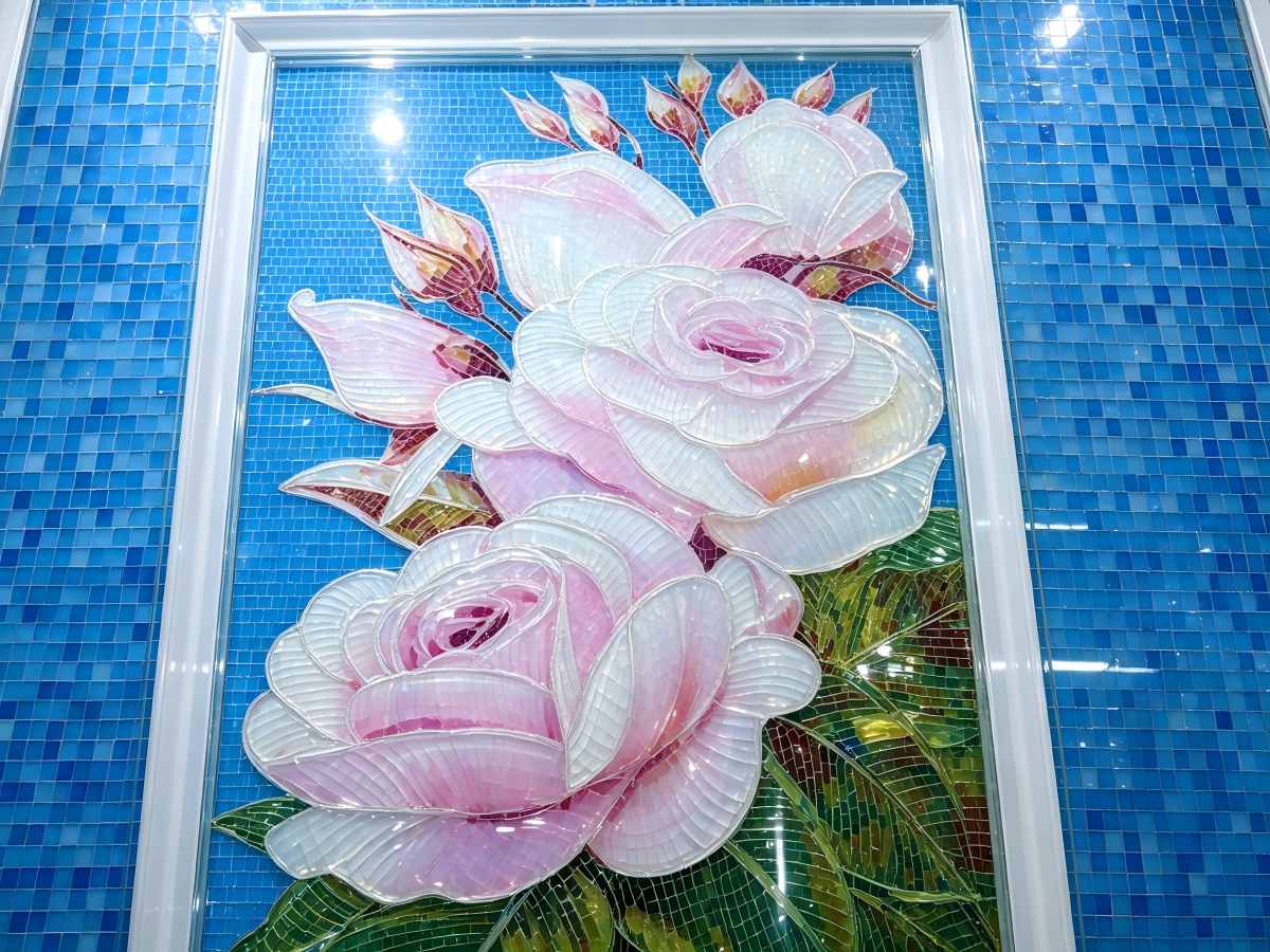 UV printed textured art with varnish on blue decorative glass
