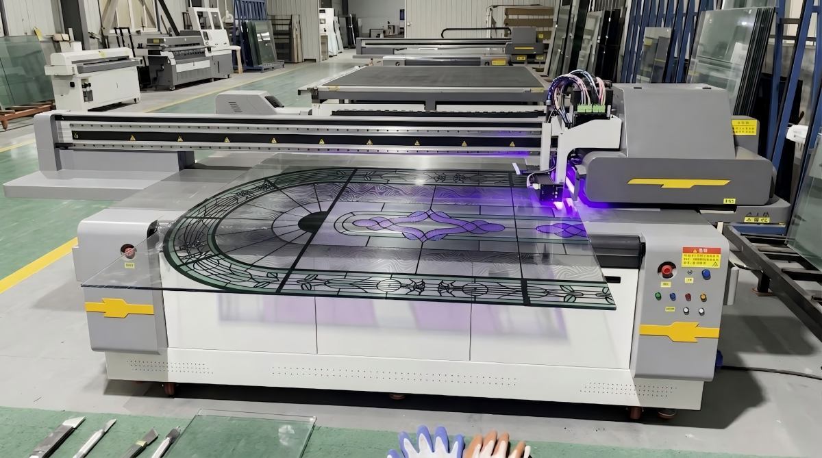 Flatbed UV printer printing full-color image on glass demo