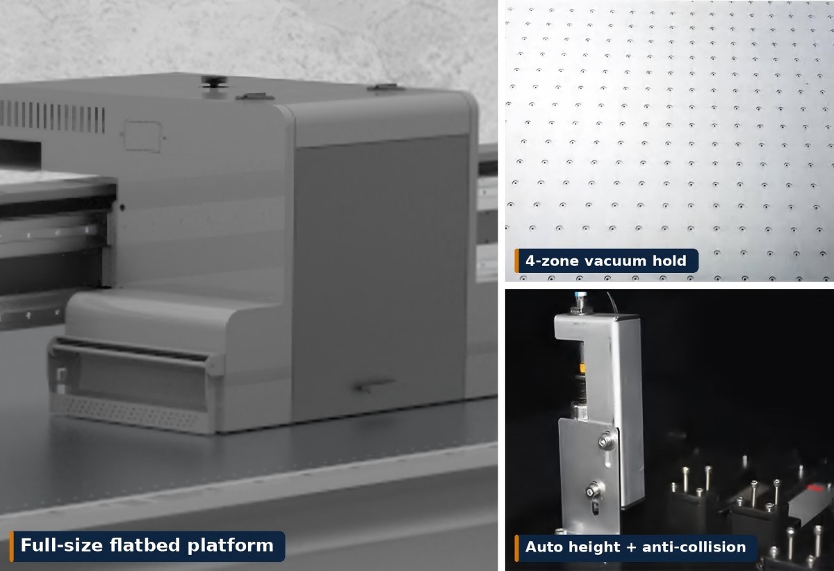 Four-zone vacuum bed with auto height detection and anti-collision on UV glass printer
