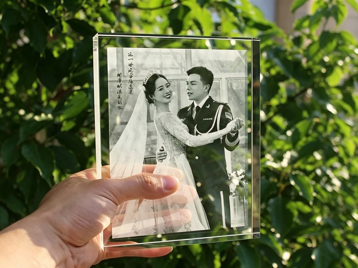3D portrait engraved inside a flat crystal block