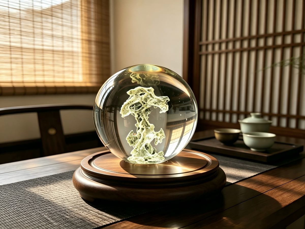 3D decorative scene engraved inside a crystal ball