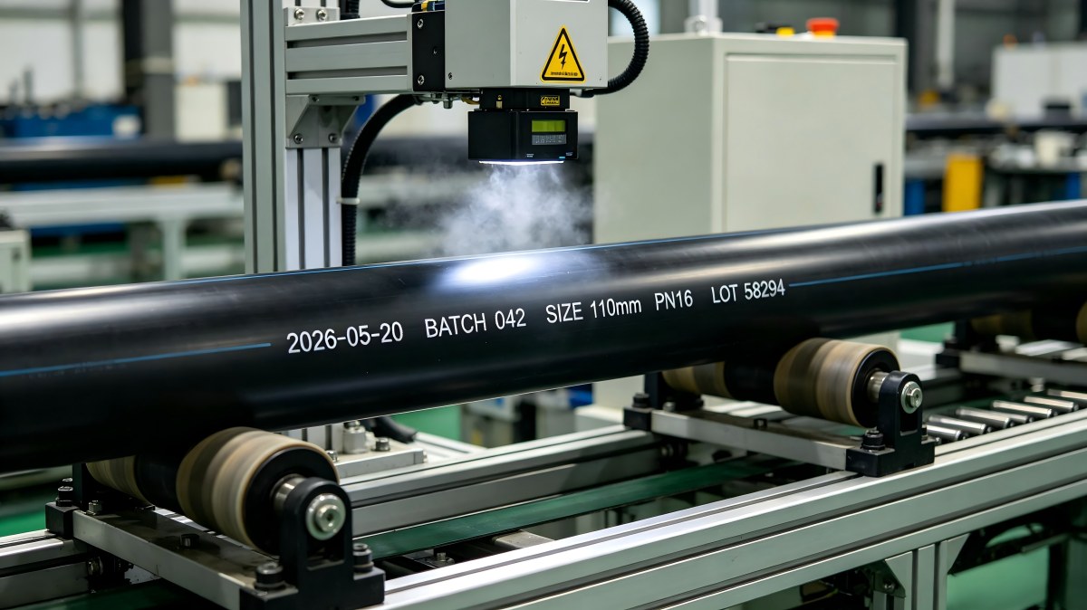 Production codes laser-marked on a moving black HDPE pipe