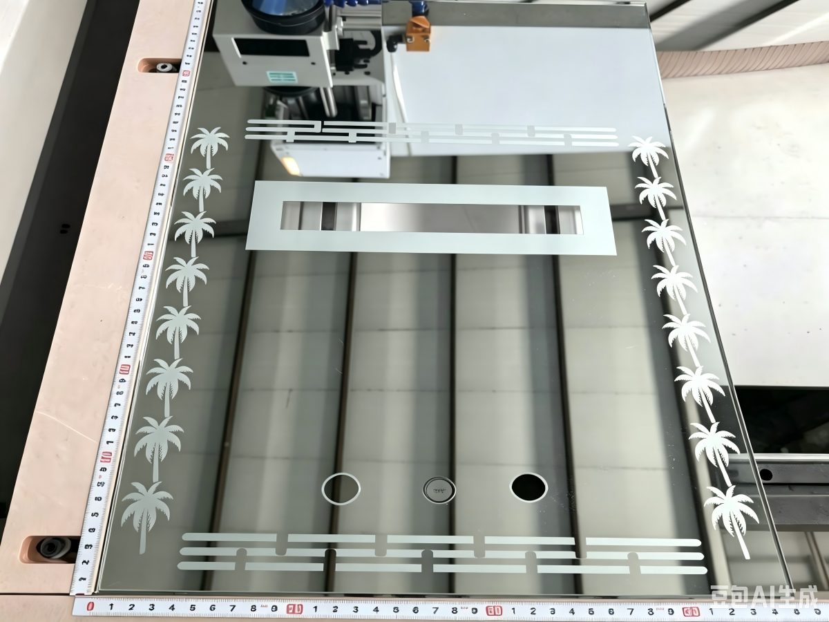 Laser-sandblasted smart mirror with frosted logo and light-strip pattern