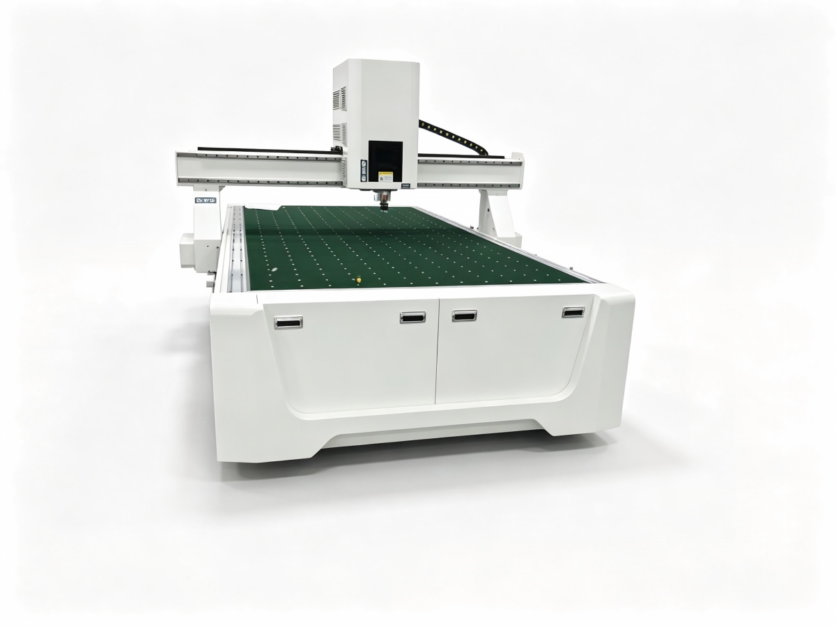 Green laser engraving inside a large glass panel on the machine