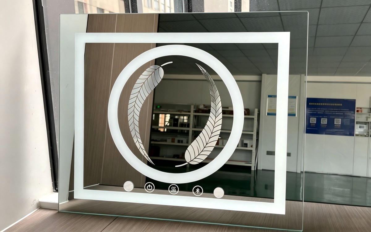 Smart mirror with laser-sandblasted logo and light-strip pattern