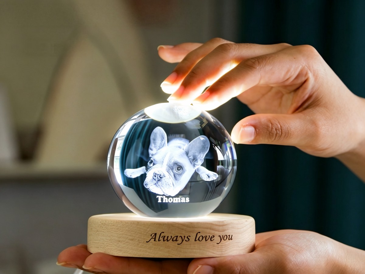 Pet photo engraved inside a crystal ball with a lighted base
