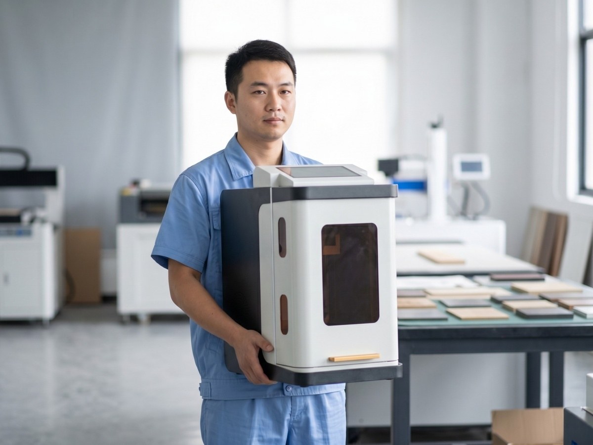 Worker carrying the 25kg portable 3D crystal laser engraving machine
