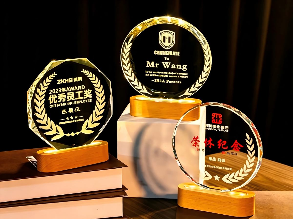Company logo engraved inside a crystal award