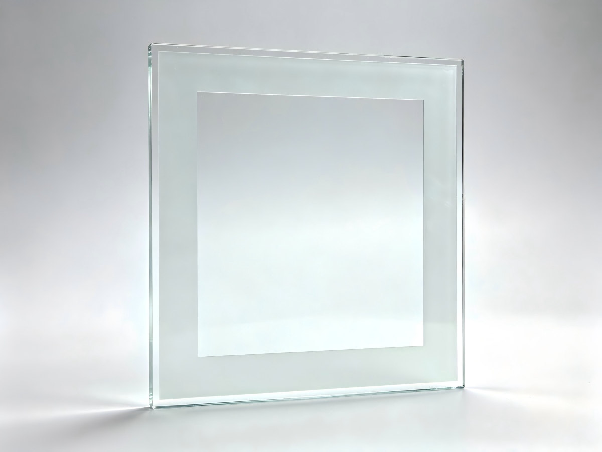 Frosted decorative glass panel marked seamlessly by a large-format laser system