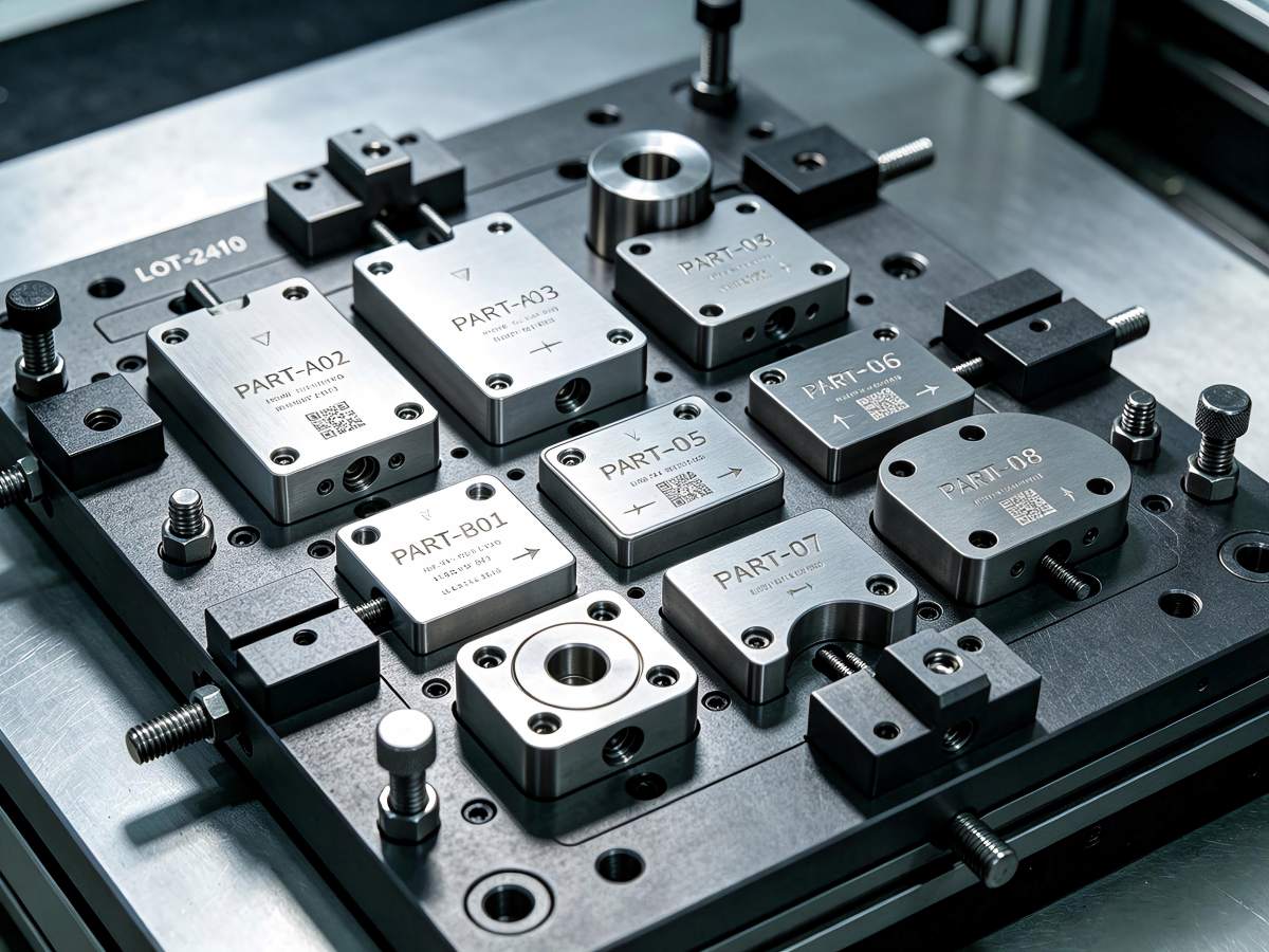 Multiple small parts loaded on a single fixture, each marked with different content by SISMAR stitching laser