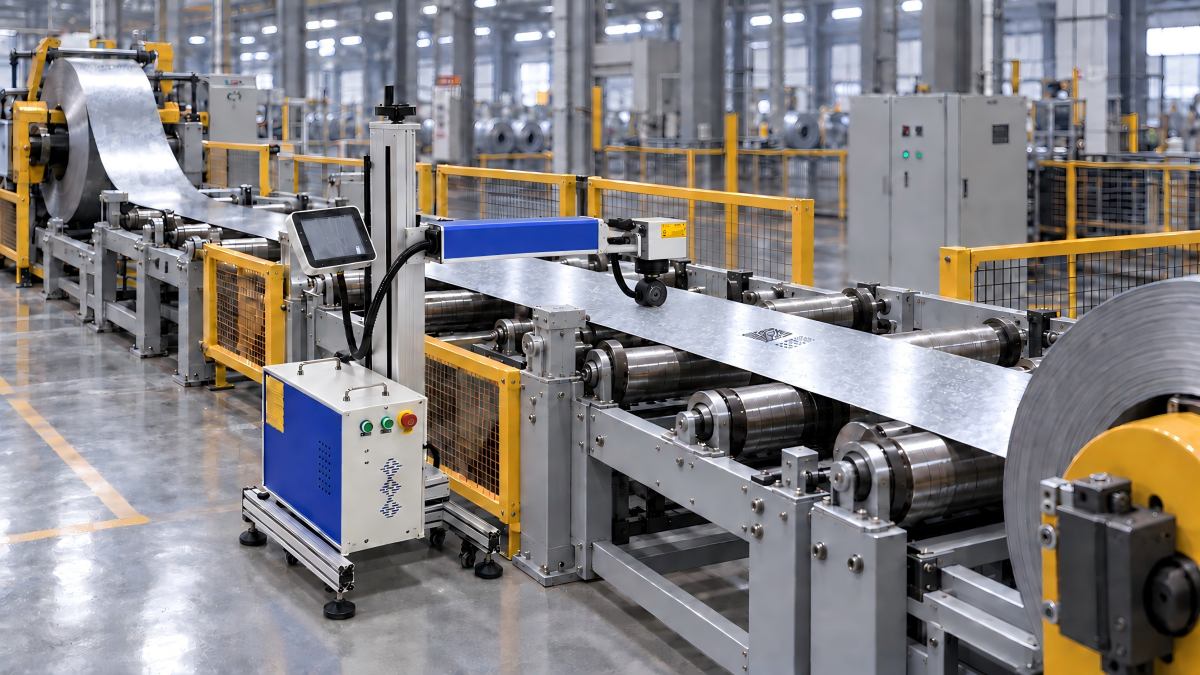 Fiber laser marking machine installed on a steel strip production line