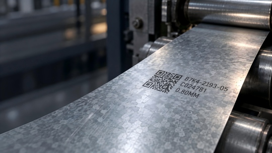 Close-up of fiber laser-marked batch code and QR code on steel strip