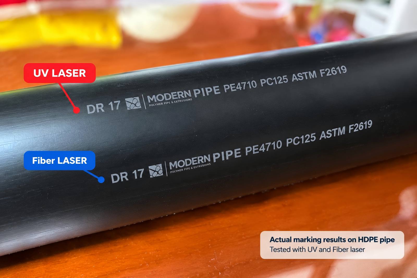 Side-by-side comparison of fiber laser and UV laser marking results on pipe samples